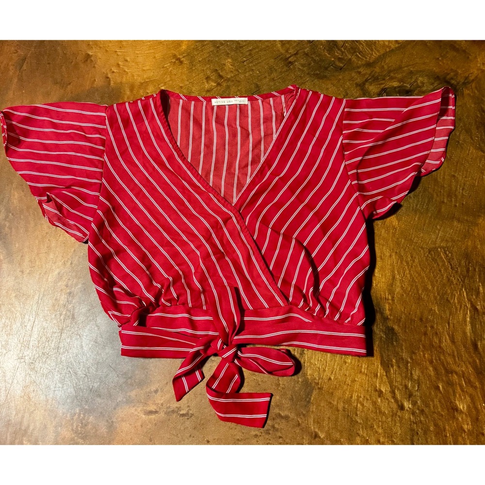 Active USA Red White Striped Wrap Tie Flutter‎ Sleeve Crop Top Blouse - Medium